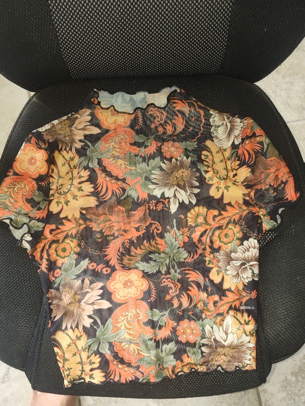 SHEIN Black Floral Print Short Sleeve Top with Orange & Green Accents